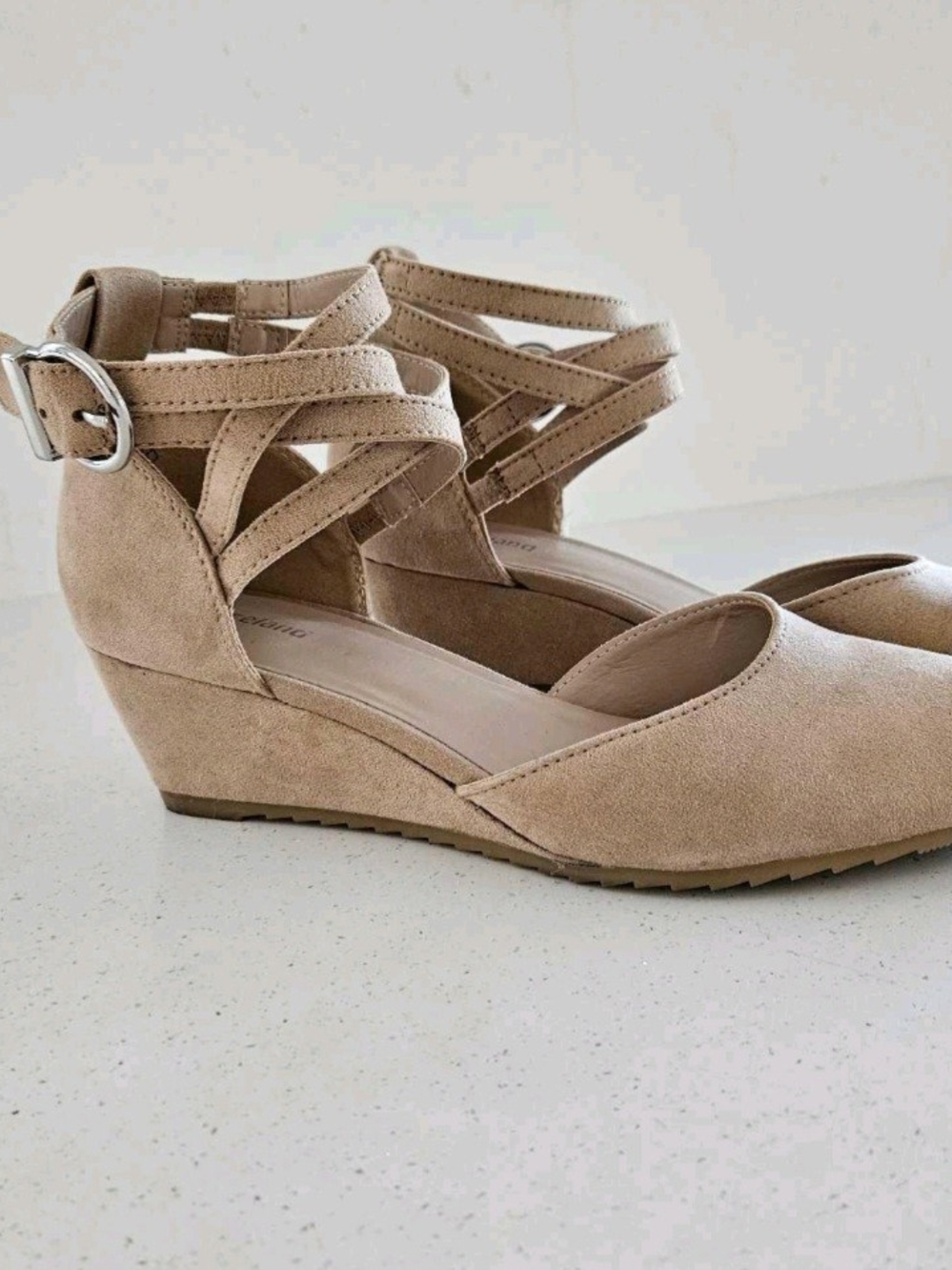Women's Tan Suede Crisscross Ankle-Strap Wedge Sandals